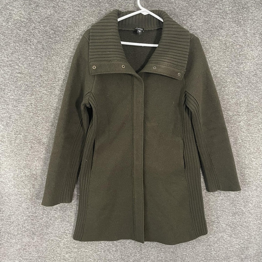 Eileen Fisher Wool Coat Womens XS Green Knit Collar Ribbed‎ Mid Length Overcoat